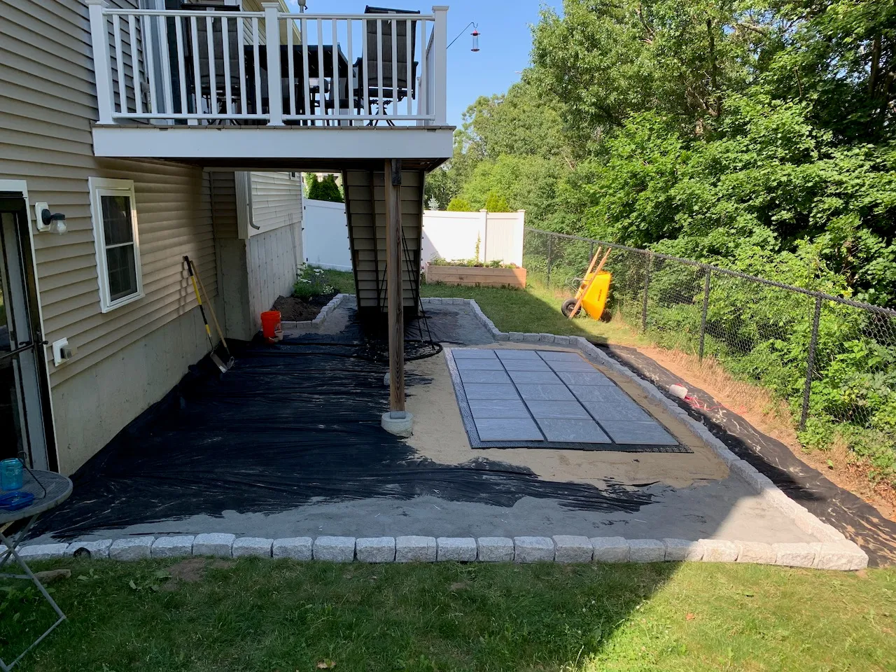 My backyard with a cobblestone border and paver stones