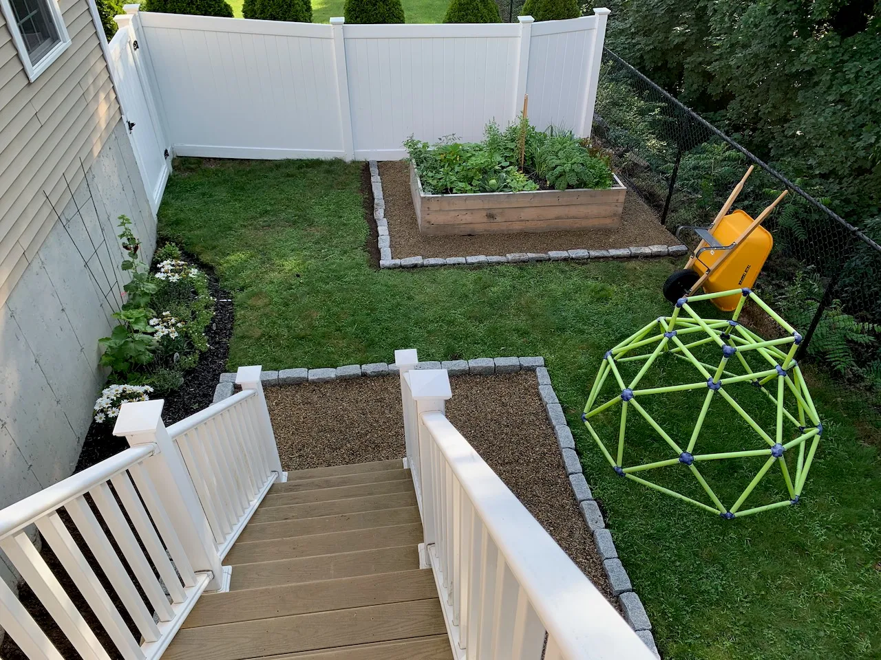 Pea gravel and cobblestone border around our garden bed.